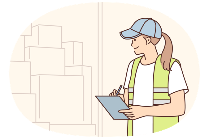 Warehouse manager woman doing inventory counting boxes in warehouse or truck and holding clipboard  Illustration