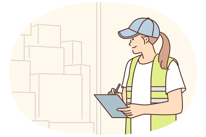 Warehouse manager woman doing inventory counting boxes in warehouse or truck and holding clipboard  Illustration