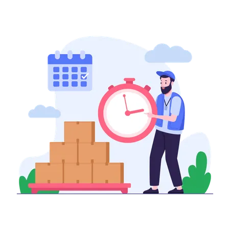 Illustration Of Warehouse Staff Checks Delivery Time 일러스트레이션
