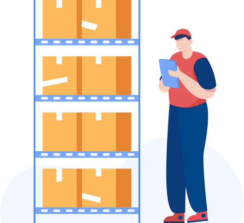 Warehouse worker checking boxes detail Illustration