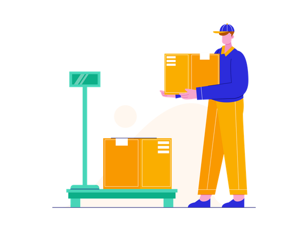 Warehouse worker checking weight of delivery box Illustration