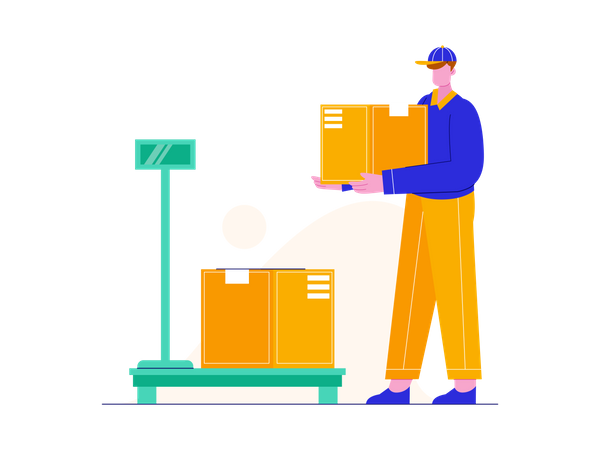 Warehouse worker checking weight of delivery box  Illustration