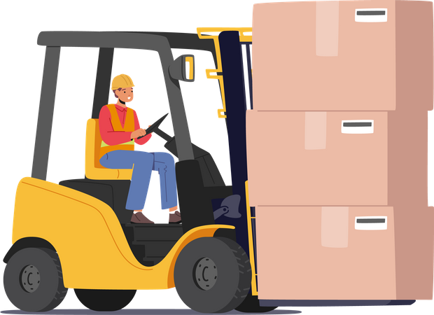 Warehouse Worker Driving Forklift with Cardboard Parcel Boxes Illustration