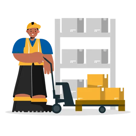 Warehouse worker operating electric fork lifter  Illustration
