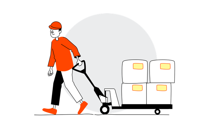 Warehouse worker pulling trolley  Illustration