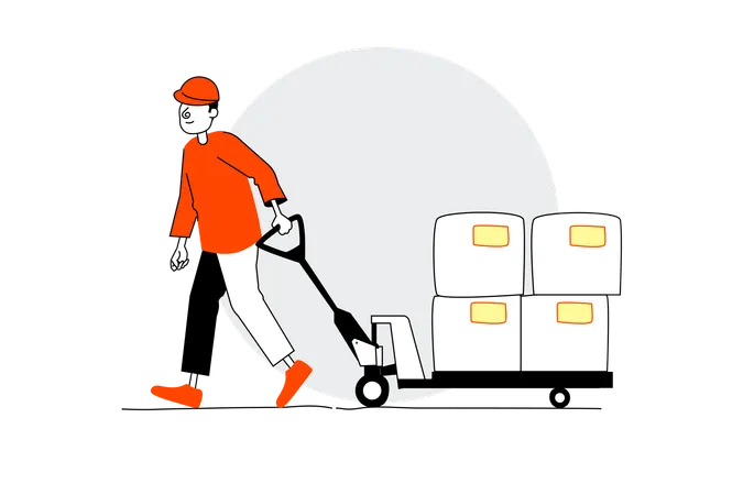 Warehouse worker pulling trolley  Illustration