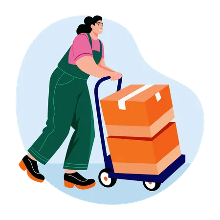 Warehouse worker pushing handcart  Illustration