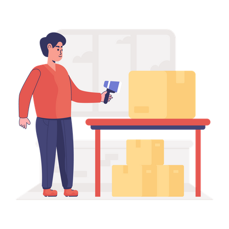 Warehouse worker scanning barcode of boxes Illustration