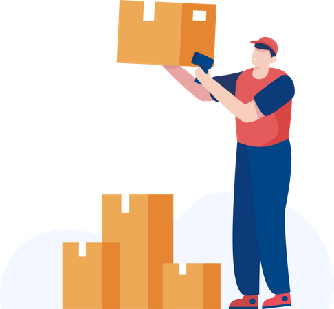 Warehouse Worker scanning parcel barcode and arranging boxes Illustration