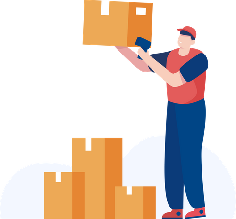 Warehouse Worker scanning parcel barcode and arranging boxes  Illustration