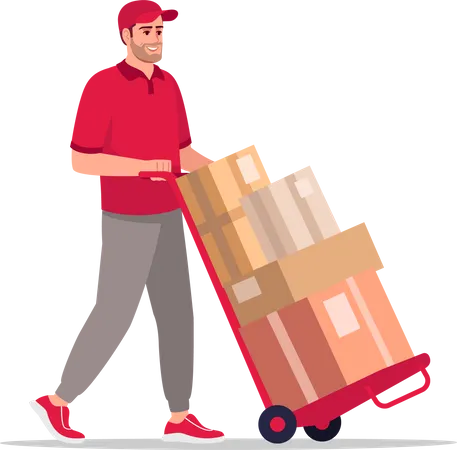 Storehouse Worker With Handtruck Semi Flat RGB Color Vector Illustration Warehouse Employee Carry Boxes On Cart Caucasian Male Courier In Red Uniform Isolated Cartoon Character On White Background Illustration