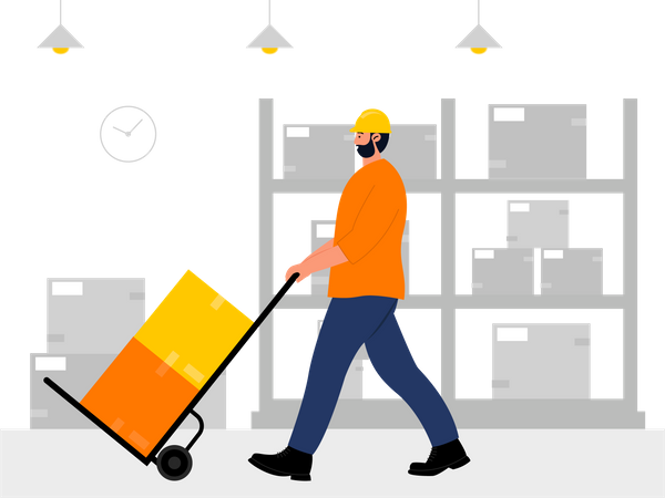 Warehouse worker transporting packages using trolley Illustration
