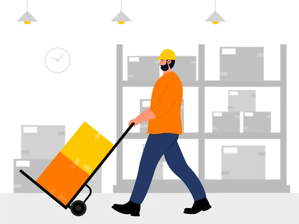 Warehouse worker transporting packages using trolley Illustration