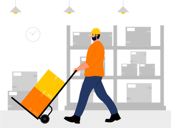 Warehouse worker transporting packages using trolley  Illustration