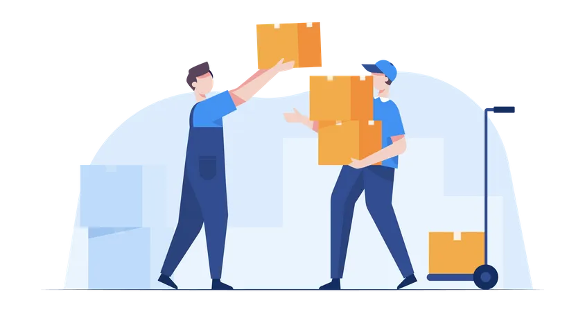 Warehouse worker using cargo trolley  Illustration