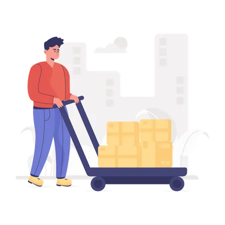 Warehouse worker using pushcart Illustration