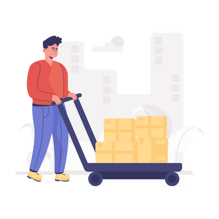 Warehouse worker using pushcart  Illustration