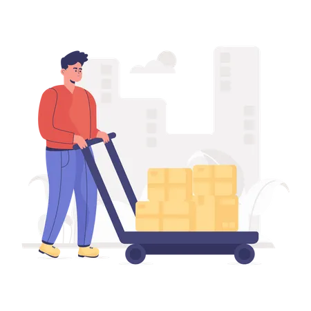 Warehouse worker using pushcart  Illustration