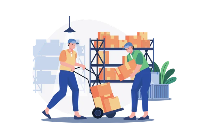 Warehouse workers arranging boxes Illustration