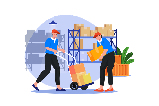 Warehouse workers arranging boxes  Illustration