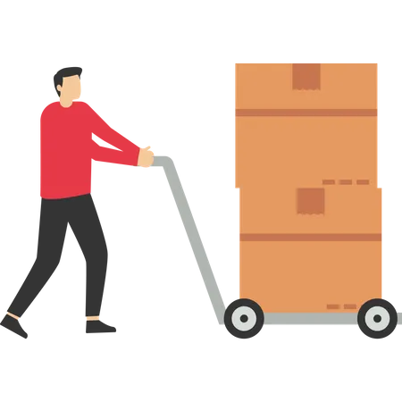Logistics And Shipping Services Storage Equipment Warehouse Workers Pushed Hand Carts With Business Moving Pushcart People The Operator Carries The Goods In A Cardboard Box In The Trolley Illustration