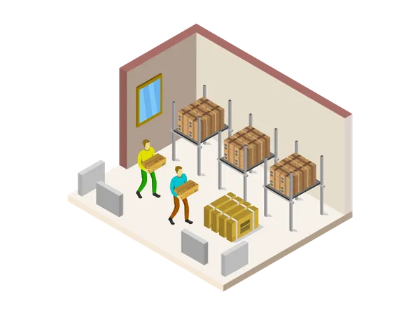 Warehouse Workers putting boxes in warehouse  Illustration
