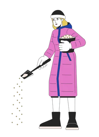 Warm clothes woman treating ice on sidewalk  Illustration