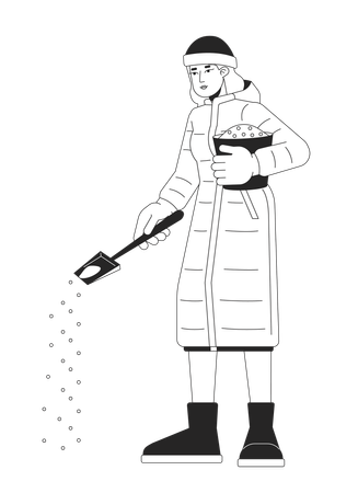 Warm clothes woman treating ice on sidewalk  Illustration