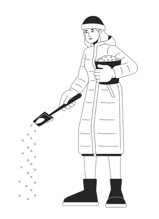 Warm clothes woman treating ice on sidewalk  Illustration