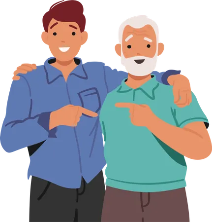 Warm Embrace Shared Between Youthful And Elderly Men Transcending Age Through Genuine Connection And Friendship Son And Father Or Grandfather Characters Friendly Hug Cartoon Vector Illustration Illustration