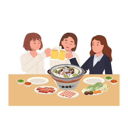 Warm evening mookata meal with friends gathered to grill pork and vegetables enjoying thai barbecue and good company  Illustration