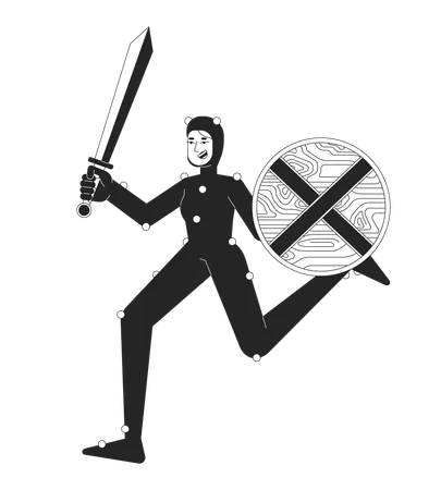 Warrior Actress In Mo Cap Costume Black And White 2 D Line Cartoon Character Historical Movie Actor Isolated Vector Outline Person Motion Capture Technology Monochromatic Flat Spot Illustration Illustration