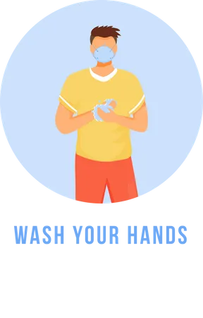 Wash Your Hands Flat Detailed Icon Healthcare Protection Means During Virus Spread Sanitation Disinfection Hygiene Sticker Clipart With 2 D Character Isolated Complex Cartoon Illustration Illustration