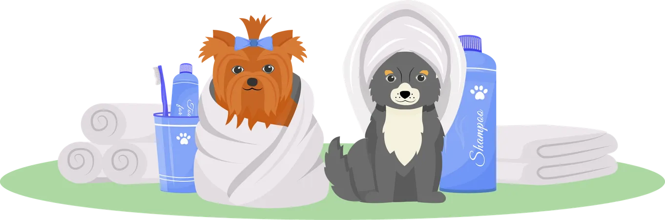 Washed Dogs Flat Color Vector Character Grooming Premium Salon Pet Beauty And Hairdressing Treatment Puppy In Towel Isolated Cartoon Illustration For Web Graphic Design And Animation Illustration