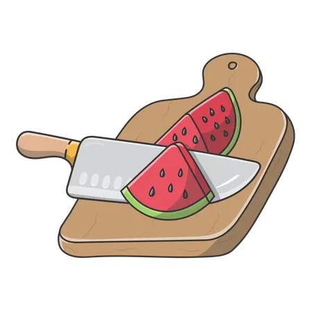 Wassermelone mit Messer und Schneidebrett  Illustration