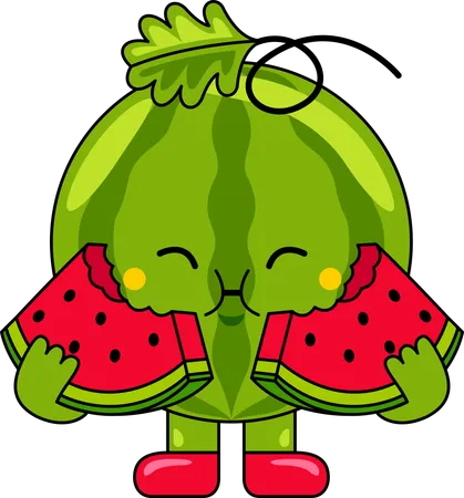 Wassermelonen-Maskottchen, das eine Scheibe Wassermelone isst  Illustration