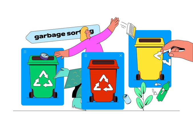 Waste Management Web Concept With Character Scene Woman Collecting And Separating Trash For Different Bins For Recycle People Situation In Flat Design Vector Illustration For Marketing Material Illustration