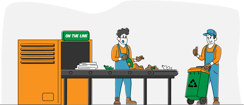 Wastes Recycling Technological Process. Workers Characters in Robe Select and Sort Litter at Factory Conveyor Belt. Man with Recycle Litter Bin, Manufacturing. Linear People Vector Illustration  Illustration