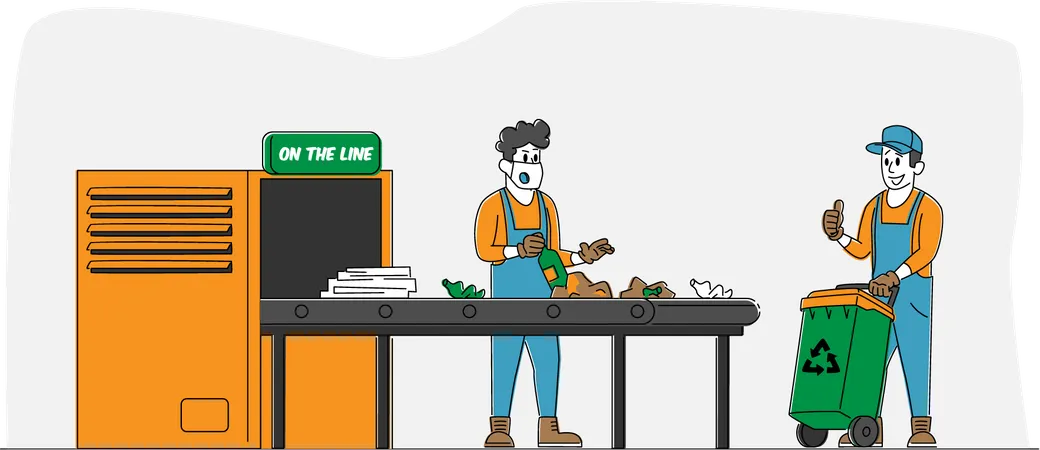 Wastes Recycling Technological Process. Workers Characters in Robe Select and Sort Litter at Factory Conveyor Belt. Man with Recycle Litter Bin, Manufacturing. Linear People Vector Illustration Illustration