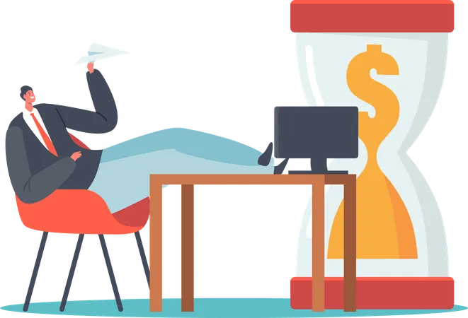 Procrastination In Business Wasting Money Concept Businessman Character Sit With Legs On Desk Hold Paper Airplane Near Huge Hourglass With Dollar Inside Time Management Cartoon Vector Illustration Illustration