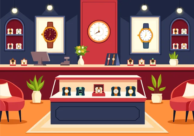 Watches Store Vector Illustration With Presentation Of Stylish Wristwatch Collection Various Models Analog And Digital In Flat Cartoon Background Illustration