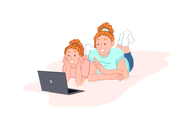 Online Learning Education Watching A Movie Concept Happy Mother And Teen Daughter Watch A Film Or Learn Lessons Together Smiling Couple Of Sisters Spend Time Behind Laptop Simple Flat Vector Illustration