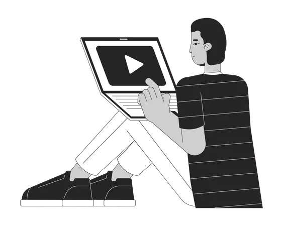 Watching Movies On Laptop Black And White Cartoon Flat Illustration Latino Boy Sitting With Notebook On Knees 2 D Lineart Character Isolated Streaming Service Monochrome Scene Vector Outline Image Illustration
