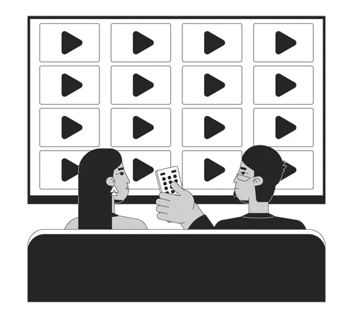 Watching Tv Show Together Black And White Cartoon Flat Illustration Arab Couple Choosing Channel Stream 2 D Lineart Characters Isolated Movie Date Night At Home Monochrome Scene Vector Outline Image Illustration