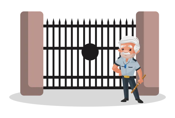 Watchman standing outside gate Illustration