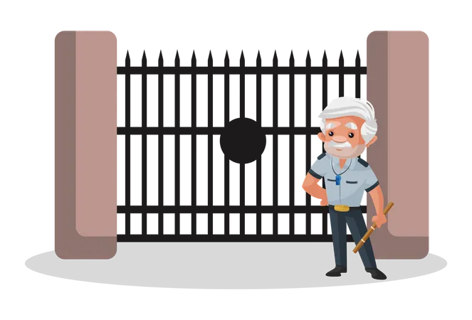 Watchman standing outside gate  Illustration