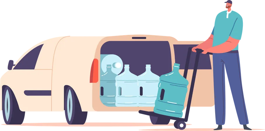 Water Delivery Company Employee on Van Pushing Trolley with Plastic Water Bottles  Illustration