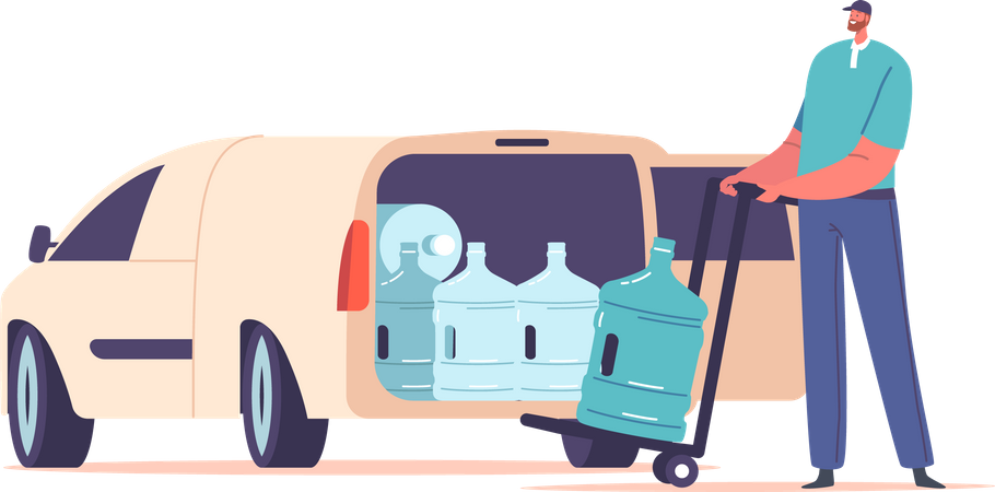 Water Delivery Company Employee on Van Pushing Trolley with Plastic Water Bottles  Illustration