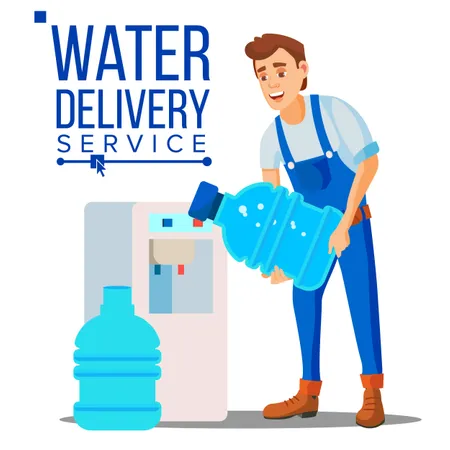 Water Delivery Service Man Vector Drinking Clean Water Bottled Water Shipment Worker Isolated Flat Cartoon Illustration Illustration