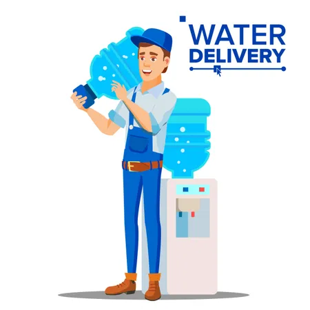 Water Delivery Service Man Vector Company Plastic Bottle Supply Shipping Isolated Flat Cartoon Illustration Illustration